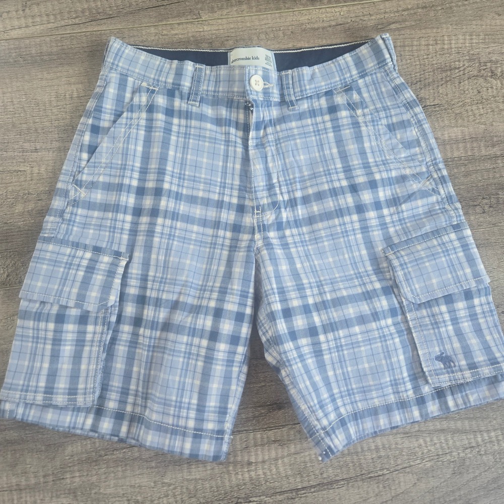 Abercrombie Kids Blue Plaid Cargo Shorts Boys Size 13/14 Regular Cotton Stretch